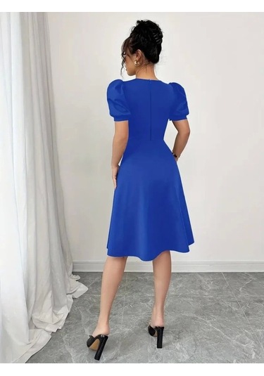 Kadın Kısa Kollu Bisiklet Yaka Önden Düğmeli Ithal Krep Elbise Saks Mavi