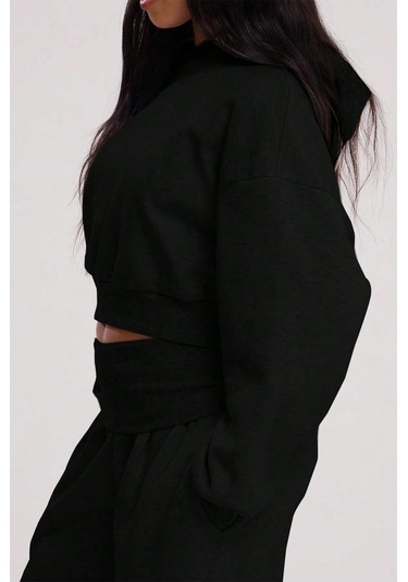Brz Collection Relaxed Fit Basic Crop Hoodie Siyah Siyah