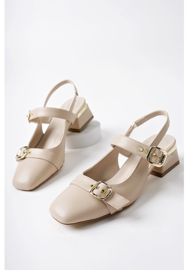 Muggo Yuqi Arkası Açık Küt Burun Çift Kemerli Kadın Günlük Klasik Kısa Topuklu Ayakkabı Bej