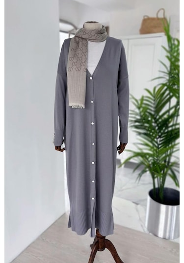 Kahijab Maxi Boy Düğmeli Merserize Hırka - Gri