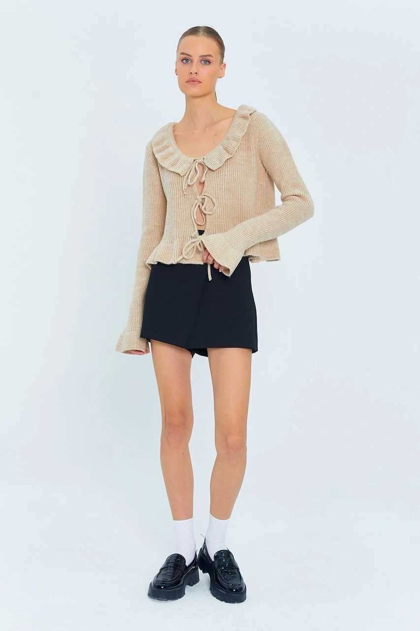 6899 Kadın Önden Bağcıklı Hırka Bej Bej