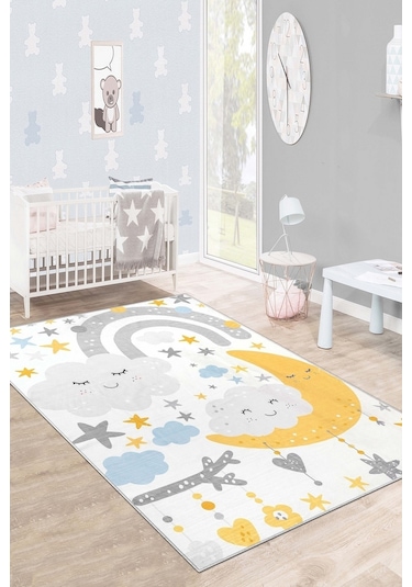 West Home Makinede Yıkanabilir Kaymaz Taban Leke Tutmaz Yıldz Temalı Bebek Ve Çocuk Halısı Wh 574 White Beyaz