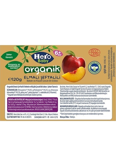 Hero Baby Organik Elma Şeftali 6+ Ay Kavanoz Maması 120 G