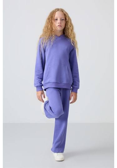 Tommy Life Eflatun Pamuklu İçi Tüylü Yumuşak Dokulu Standart Fit Nakışlı Kız Çocuk Eşofman Takım - 75162 Eflatun