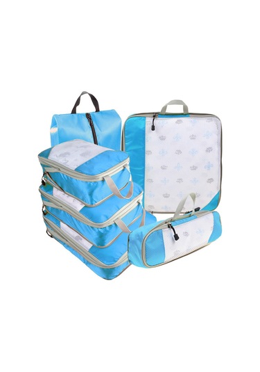 Symbee Mavi Seyahat Organizer Seti 6'lı, Sıkıştırılabilir Ağ Desenli, Ev Ve Seyahat İçin El Çantası Tipi Depolama Çantaları Mavi