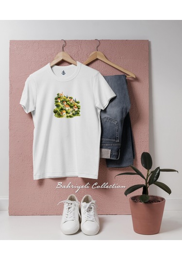 Oversize Huzurlu Köy Sahnesi İllüstrasyonu Tasarımlı Unisex T-shirt Beyaz