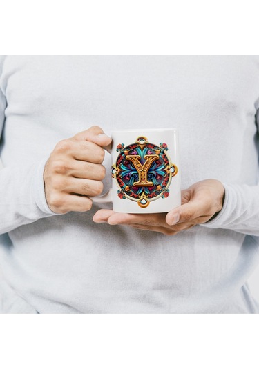 Y Harfi Boho Bardak, Renkli Özel Tasarım Hediyelik Harfli Kupa, 330ml Porselen Beyaz