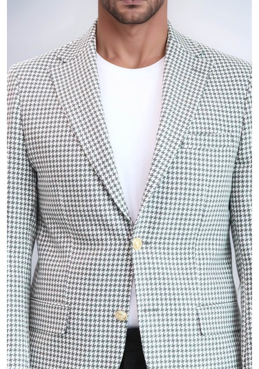 Açık Gri Kazayağı Desenli Gold Renk Metal Düğmeli Slim Fit Erkek Blazer Ceket - Wessi Grey