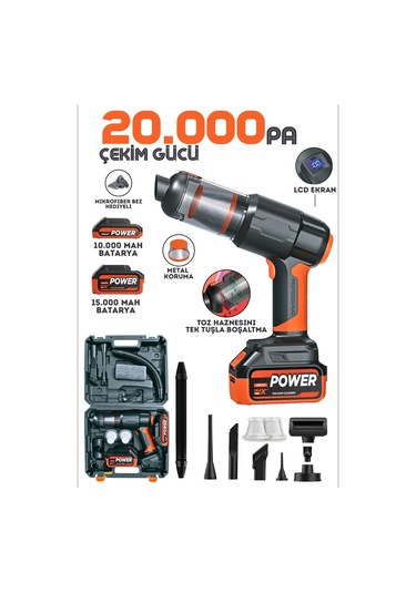 Güçlü Pil Ömrü 25.000mah Çift Bataryalı 20.000pa Ultra Çekim Güçlü Çantalı Araç Temizleme Süpürgesi