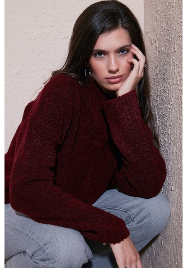 Lela Regular Fit Dik Yaka Yumuşak Dokulu Triko Bayan Kazak 4616222 Bordo