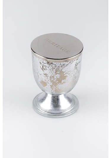 Gümüş Varak Eskitme Ayaklı Cam Mumluk Kokusuz Mum Yazı Kapaklı Küçük 8.5x11.5 Cm