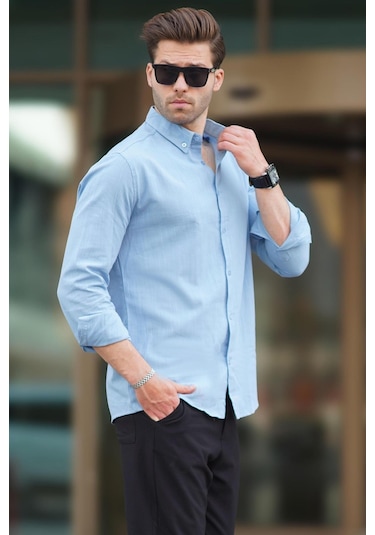 Madmext Mavi Uzun Kollu Pamuklu Keten Görünümlü Erkek Gömlek 6743 Mavi