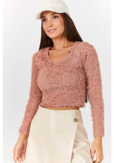 Armonika Kadın Pudra Pullu Sakallı Crop Kazak Arm-22y001179