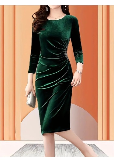 Kadın Uzun Kollu Yakası Açık Yanlardan Büzgülü Taş Detaylı Midi Kadife Elbise Yeşil