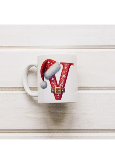 V Harfi Yılbaşı Temalı Bardak 330 Ml Harfli Kişiye Özel Hediye - Yeniyıl / Noel Şapka Tasarım Beyaz