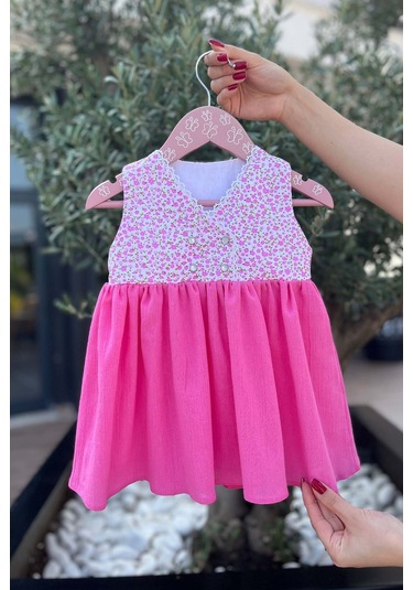 Dantel Detaylı Çiçek Desenli Kolsuz Şile Bezi Pembe Elbise 001