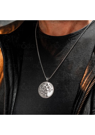 925 Ayar Gümüş Göktürk Türk Yazılı Bozkurt Tasarım Yuvarlak Erkek Kolye Gümüş