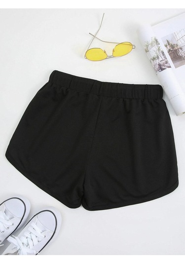 Siyah Ayıcık Bermuda Penye Şort - Kordonlu Baskılı Siyah