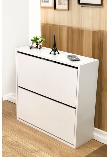 Düşer Kapaklı Ayakkabılık 4 Bölmeli 2 Kapaklı Kayar Raflı Dolap Beyaz