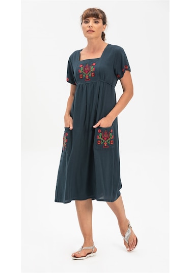 Kısa Kol Şile Bezi Melek Midi Boy Elbise Petrol Ptrl