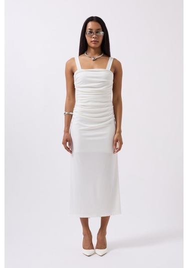 Sensuelle Yırtmaç Detay Sırt Dekolte Elbise Beyaz