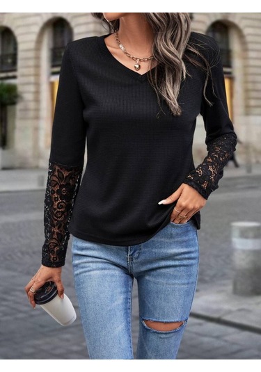 Tua Moda Kadın Uzun Kollu V Yakalı Dantelli Waffle Bluz Siyah