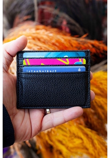 Unisex Mini Ve İnce Deri Dizme Kartlık Portföy Floter Siyah