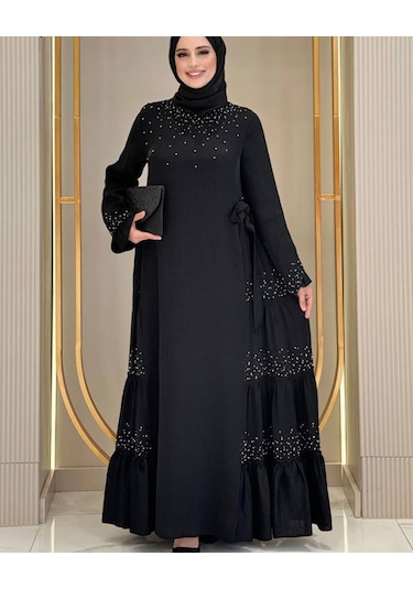 Taş İşleme Detaylı Sparklin Kumaş Abiye Elbise Siyah