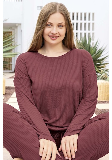Büyük Beden Viskon Kadın Uzun Kol Pijama Takımı 250470 Mürdüm01 Mürdüm01