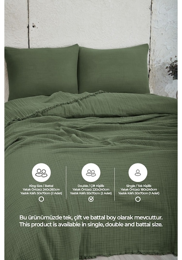 %100 Pamuk Çift Kişilik Müslin Yatak Örtüsü 4 Katlı Yumuşak Battaniye Müslin Pike Takımı 3 Parça Yeşil Yeşil