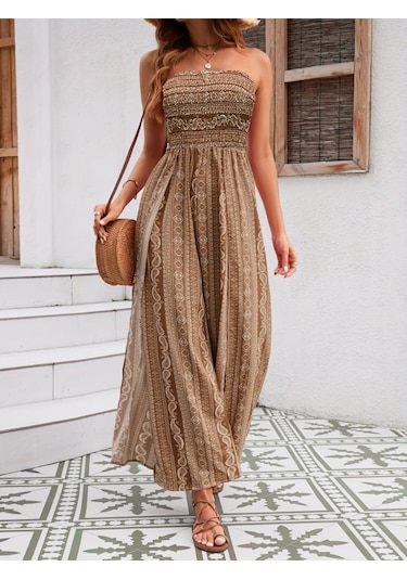 Kadın Yakası Gipe Detaylı Önden Yırtmaç Detaylı Desenli Süprem Pantolon Etek Kahve