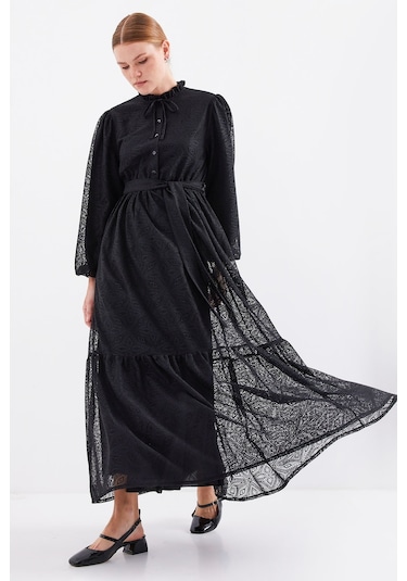 Bigdart 2509 Uzun Dantelli Tesettür Elbise - Siyah 001