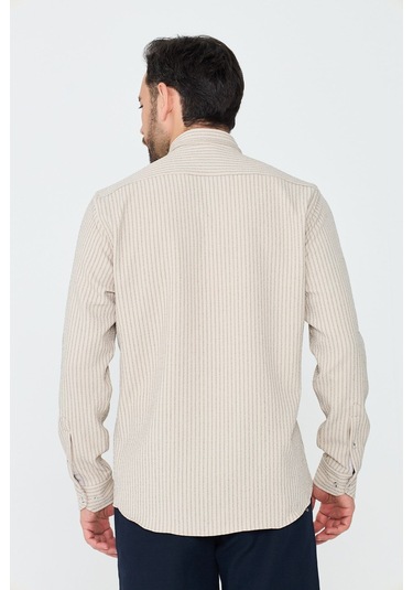 White Stone Krem Rengi Çizgili Dynamic Fit Erkek Uzun Kollu Gömlek