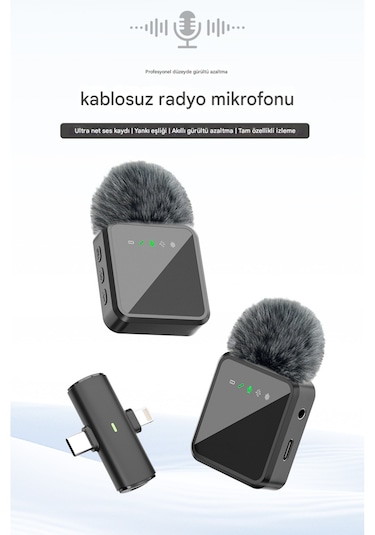 Kablosuz Tüylü Yaka Mikrofonu Apple iPhone Uyumlu  Type-c Pc Tablet Video Kayıt Vlog Lightning Usb-c Çıkış