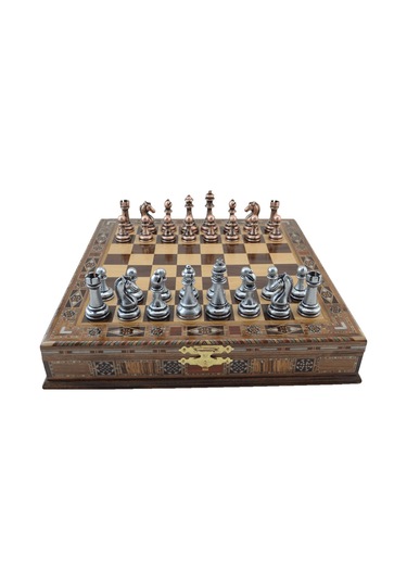 Metal Klasik Satranç Takımı Antik Ve El Yapımı Masif Ahşap Sandık