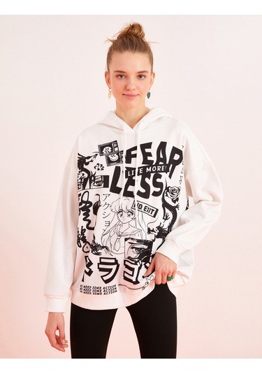 Koton Kapüşonlu Baskılı Sweatshirt Ekru 2sal10463ık