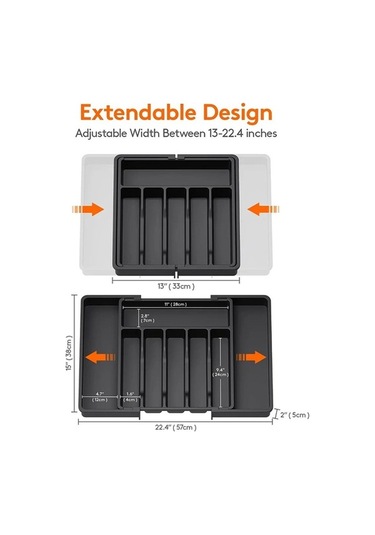 Pazly Genişletilebilir Gri Mutfak Plastik Çekmece Organizatörü, 33x38x5cm, Çatal Kaşık Bölücü Gri