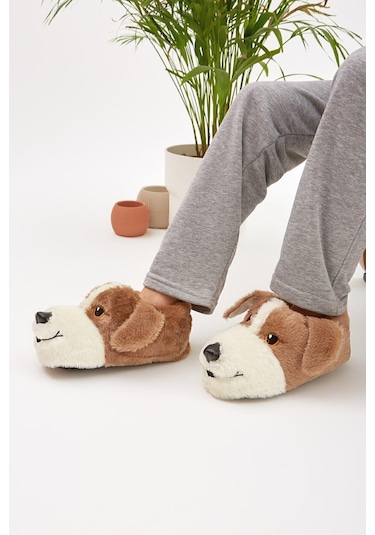 Kahverengi Hayvanlı Sessiz Taban Panduf Sevimli Köpek Figürlü Peluş Ev Ayakkabısı Kahverengi