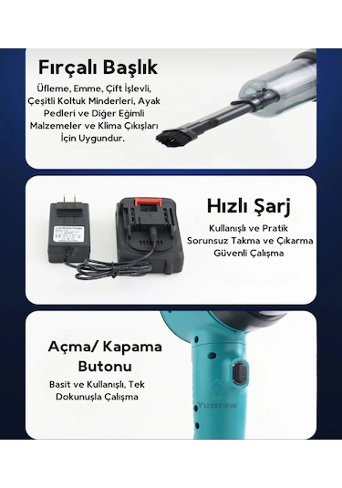 Şarjlı Araç Süpürgesi 16000pa 3 Kademeli Vakumlu Üflemeli Ahv-03 Auhma