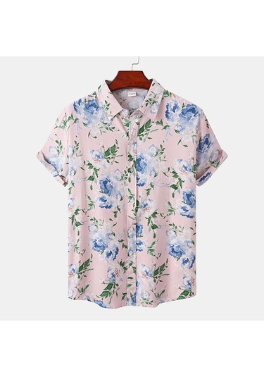 Snapbuy Erkek Yaz Çiçek Kısa Kollu Hawaii Gömlek Slim Fit Plaj Bluzkahverengi Kahverengi