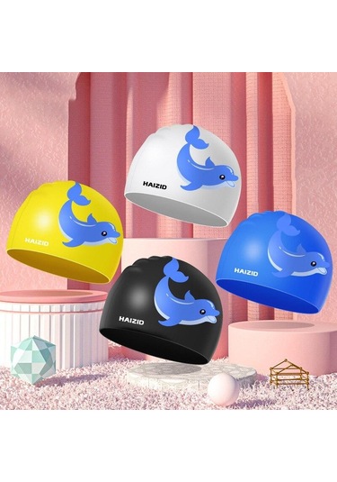 Siyah Çocuk Yüzme Kapakları Kız Erkek Sevimli Karikatür Yunus Uzun Saç Çocuklar İçin Dayanıklı Silikon Su Geçirmez Elastik Yüzmek Kapakları Siyah