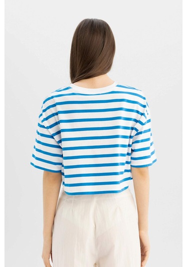 Defacto Coool Fitted Çizgili Kısa Kollu Tişört A9046AX24SMBE439 Mavi