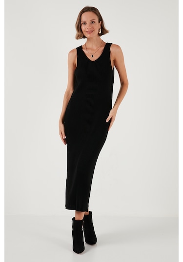 Lela V Yaka Fitilli Uzun Triko Bayan Elbise 4616169 Siyah