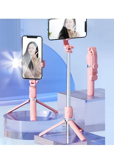 S03 Led Işıklı Tripod Bluetooth Kumandalı 3in1 Selfie - Pembe