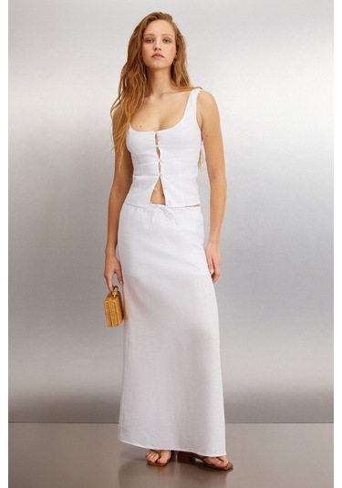 GRIMELANGE Ombretta Kadın %100 Keten Regular Beyaz Etek Beyaz