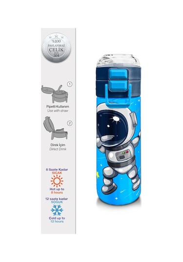Coral High Kids Lacivert Mavi Astronot Desenli Pipetli Ve Direkt İçim Çelik Termos 500 Ml 31804 Mavi