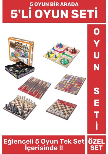 Özel Eğitici Eğlenceli Çocuk Yetişkin Kızma Birader Satranç Tavla Dama 9 Taş Tek Kutu 5'li Oyun Seti