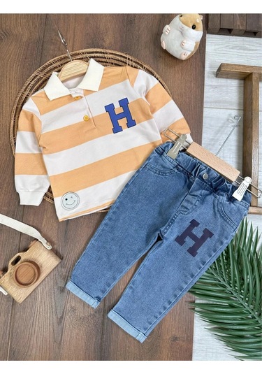 Şerit Çizgili Detaylı Likralı Polo Yaka Erkek Bebek Takım Sari