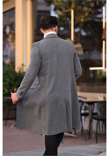 Erkek Gri Dar Kesim Uzun Yün Karışımlı Kaşe Kaban Gri