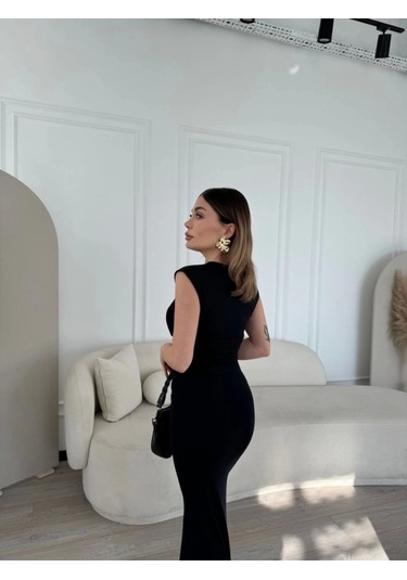 Kolsuz Uzun Likralı Elbise - Siyah Siyah